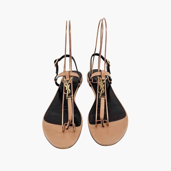 Saint Laurent Cassandra YSL T-Strap Flat Sandals Tan Leather Size 37 US 7 Women - Picture 3 of 15